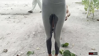 Crazy girl wetting her leggings in public